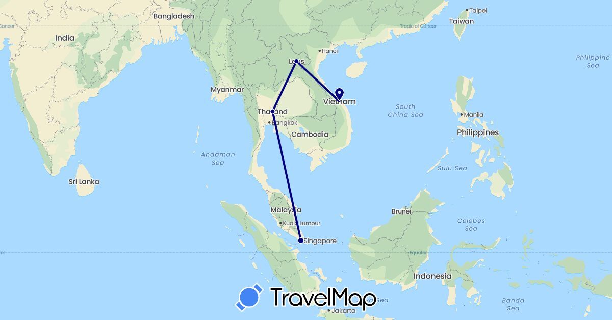 TravelMap itinerary: driving in Laos, Singapore, Thailand (Asia)